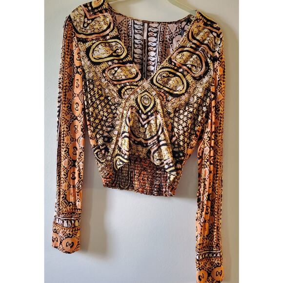Free People Cropped V Neck Boho Top Size S Tribal Tropical Festival Long Sleeve - Picture 2 of 13